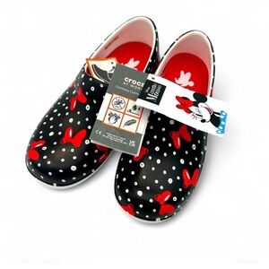 New Crocs Minnie Mouse Neira Clogs Black Red Bow Polka Dot Disney Womens W4 NWT